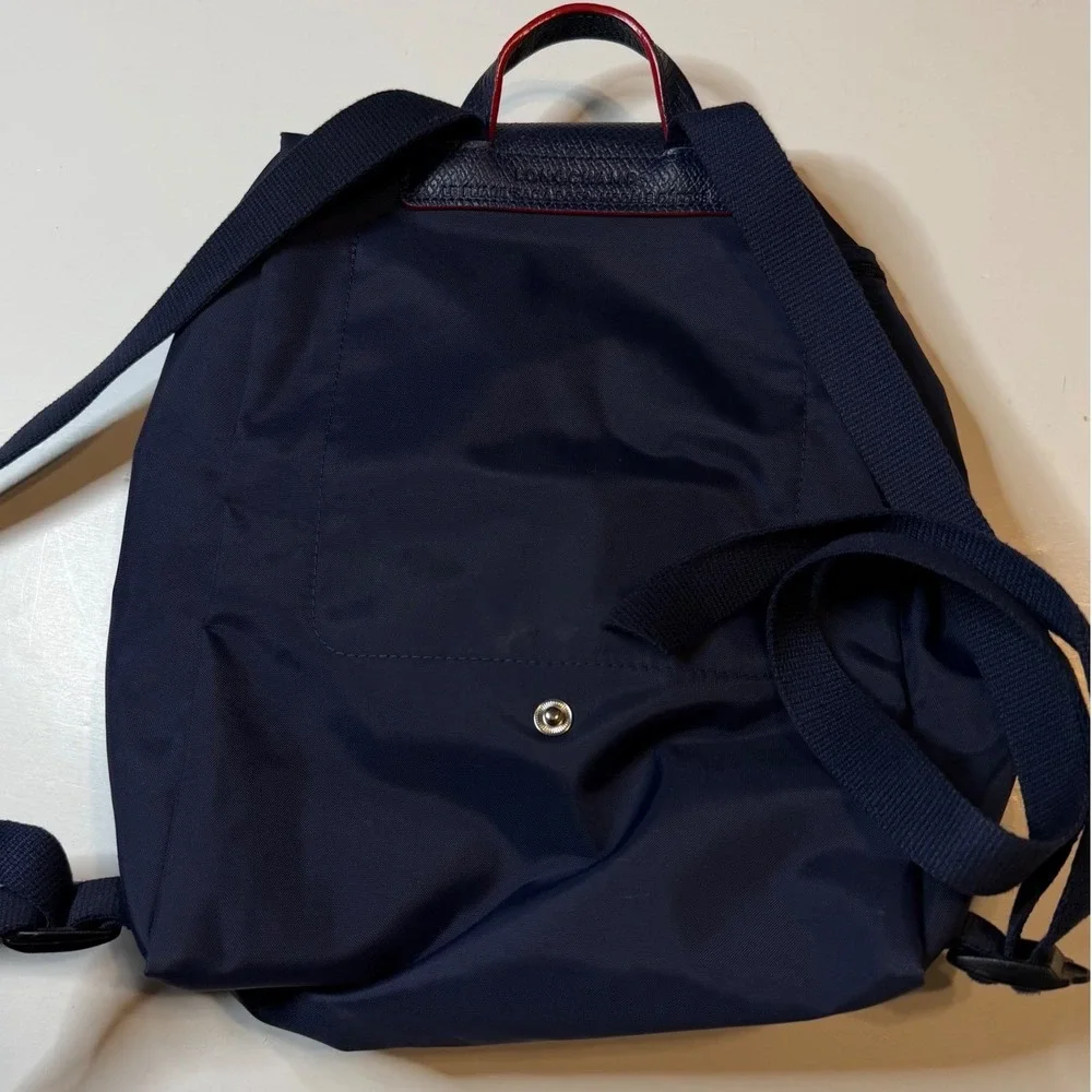 Longchamp Le Pliage Club Backpack Navy Blue Red Nylon Leather Trim